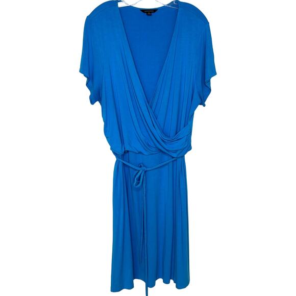 Land's End Wms 1X Blue SS Knit Faux Wrap Midi Dress Tie Sash Comfy Casual - Picture 1 of 7